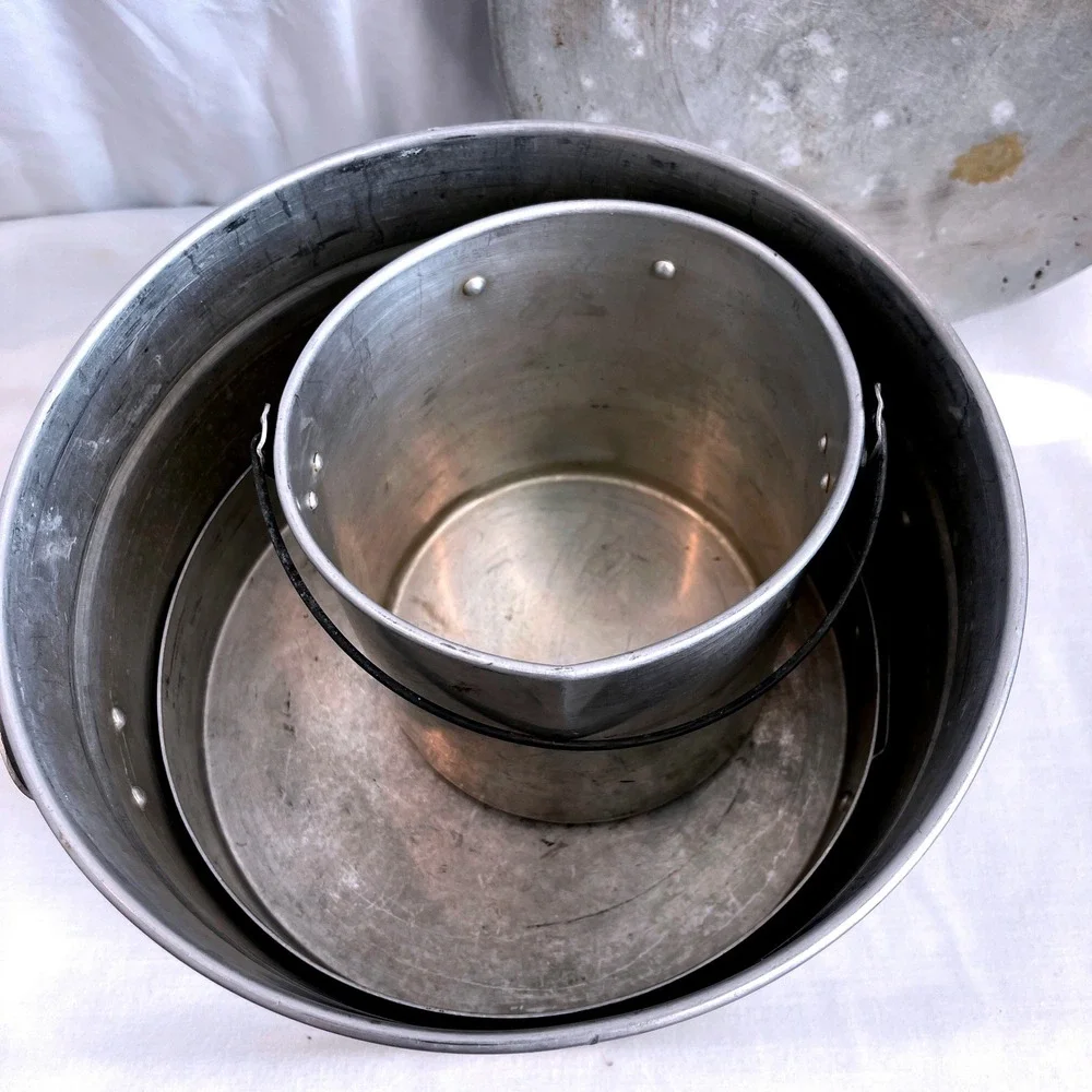 Vintage Aluminum Nesting Camping Cookware Set 3 Pots 1 Lid Glamping Outdoor